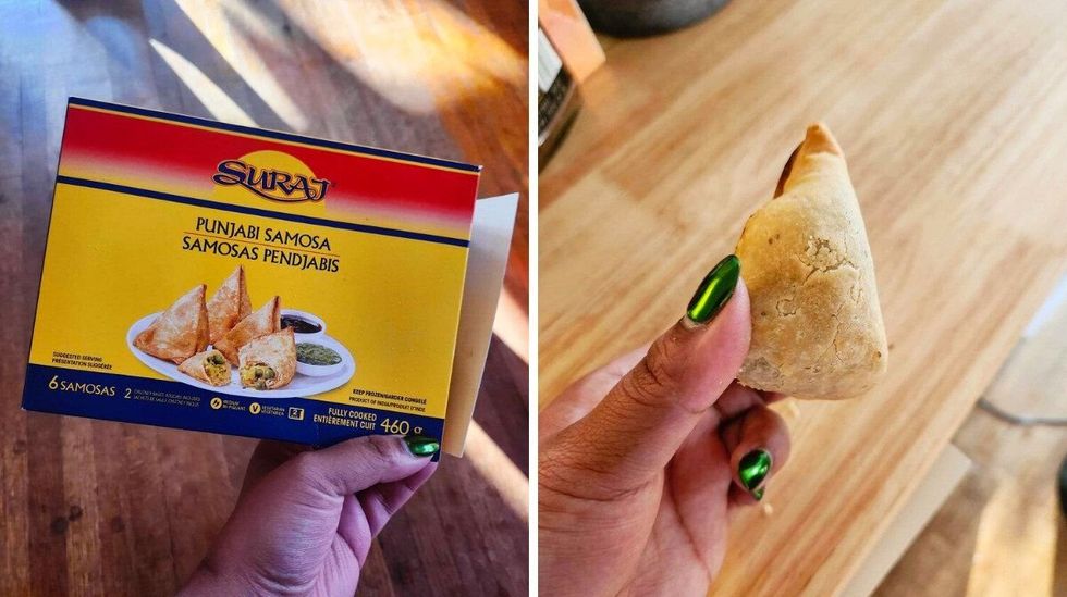 A hand with green nails holding a blue yellow and red box with samosas on it. Right: A hand with green nails holding a triangle samosa.