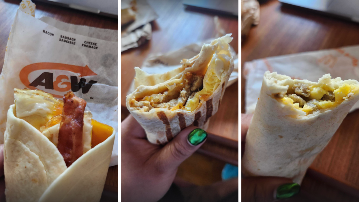 A hand with green nails holding a breakfast wrap in front of a brown wooden table and a white A&W paper bag. Middle: A hand with green nails holding a breakfast wrap with a bite taken out of it in front of a brown wooden table. Right: A hand with green nails holding a breakfast wrap with a bite taken out of it in front of a brown wooden table.