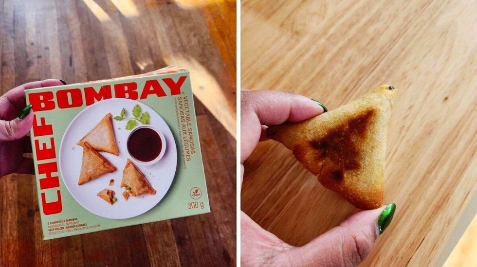 A hand with green nails holding a light green box with samosas on it. Right: A hand with green nails holding a triangle samosa.