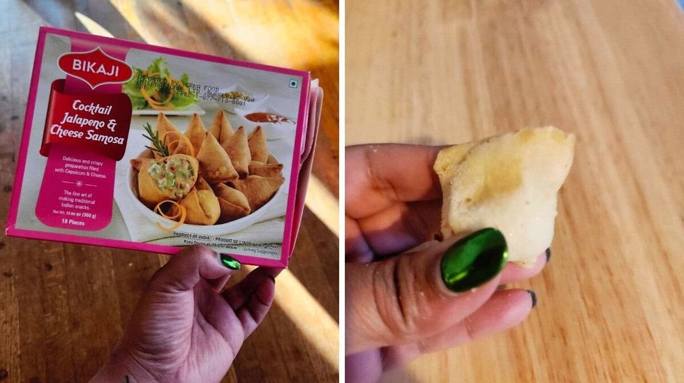 A hand with green nails holding a pink and white box with samosas on it. Right: A hand with green nails holding a small samosas.