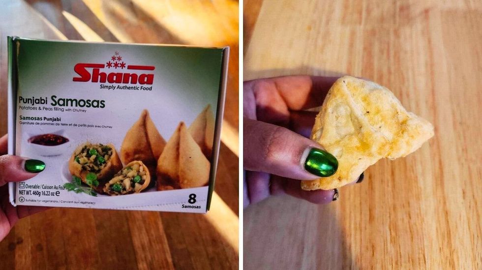 A hand with green nails holding a white and green box with samosas on it. Right: A hand with green nails holding a triangle samosa.