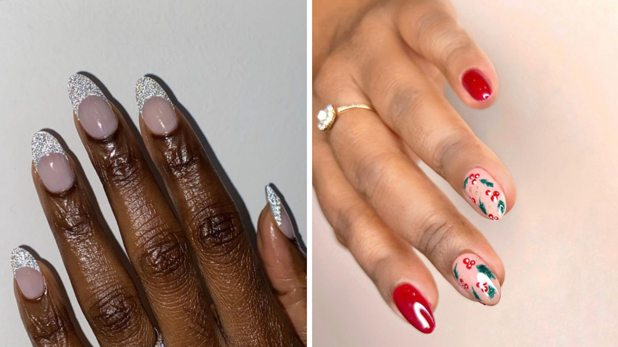 A hand with sparkly French tips. Right: A hand with festive Christmas nails.
