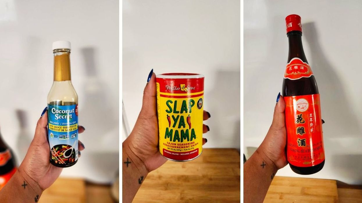 A hand with tattoos golding a clear bottle. Middle: A hand with tattoos holding a red and yellow bottle. Right: A hand with tattoos holding a orange and black bottle.