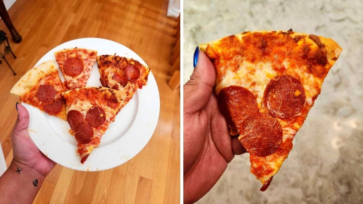 A hand with tattoos holding a white plate and four slices of pizza. Right: A hand with blue nails holding a slide of pizza against a marble backdrop.