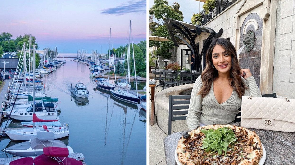 A harbour at sunset. Right: A person sitting at a restaurant with pizza.