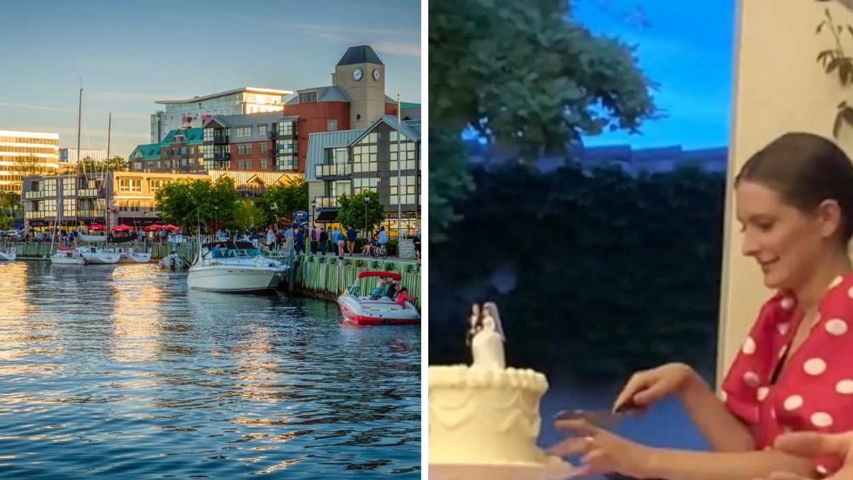 A harbour in Halifax, Nova Scotia. Right: A legendary wedding guest who decided to just cut the cake herself.