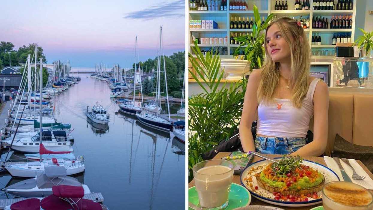 A harbour with boats. Right: A person sitting at a restaurant.