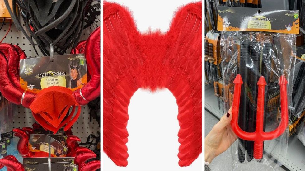 A headband with horns on it. Middle: Devil wings. Right: A devil pitchfork at Dollarama.