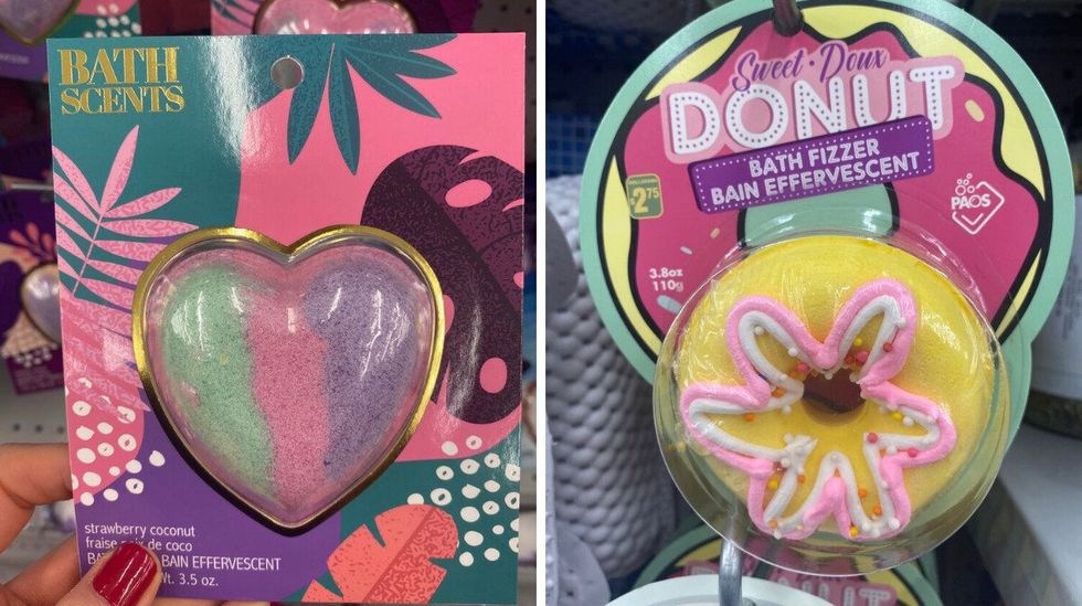 A heart shaped mult-coloured bath bomb. Right: A colourful bath fizzer in the shape of a donut.