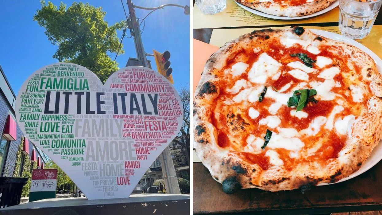 A heart sign that says Little Italy. Right: A pizza.