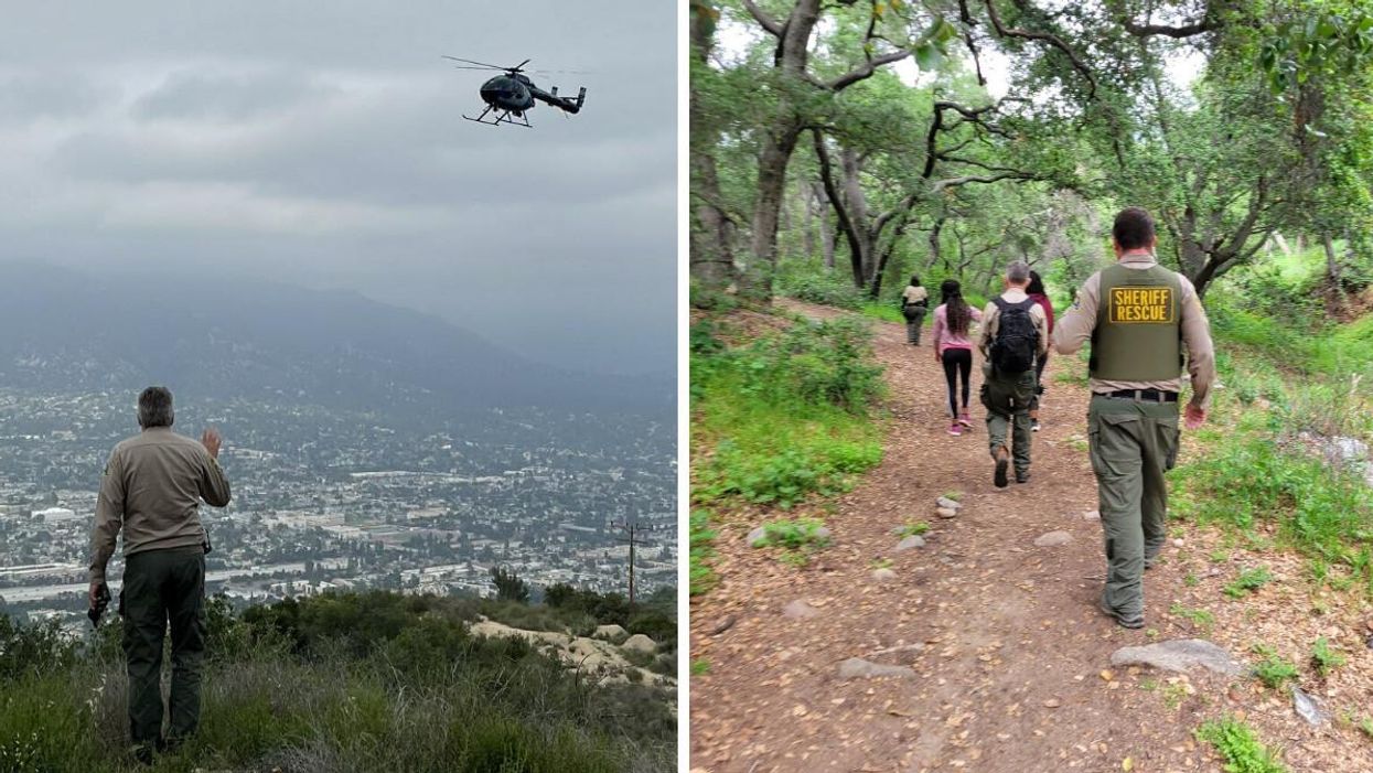 A helicopter during a search mission. Right: A member of a sheriff department's search and rescue team.