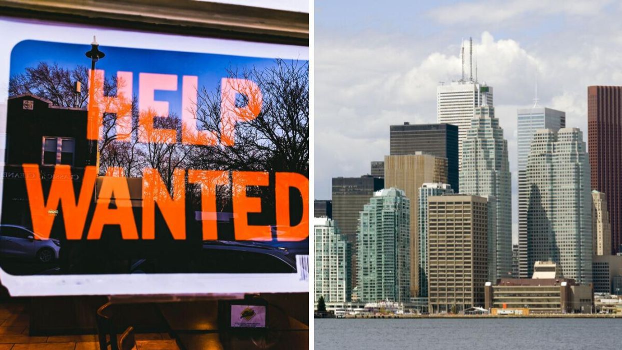 A help wanted sign. Right: Toronto's Financial District.