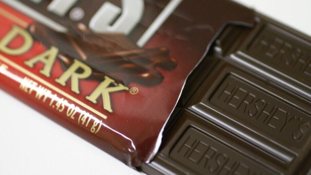 A Hershey's dark chocolate bar.