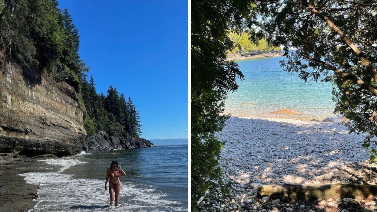 A hidden beach in B.C. Right: A secluded beach in Ontario.