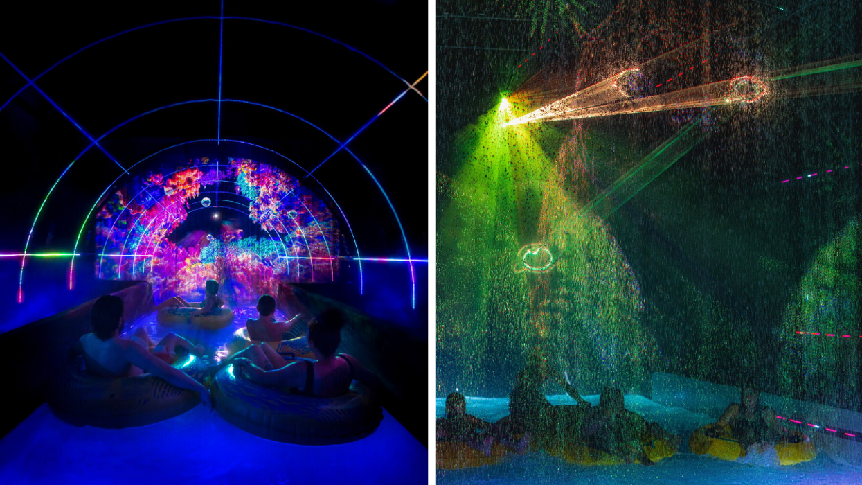 A high tech light show in a lazy river tunnel. Right: Floating through a tunnel with lasers and waterfall mist.
