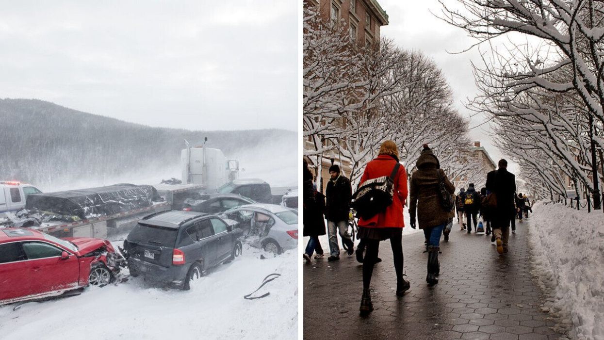 A highway accident during bad weather. Right: Students at a university after a snow storm.