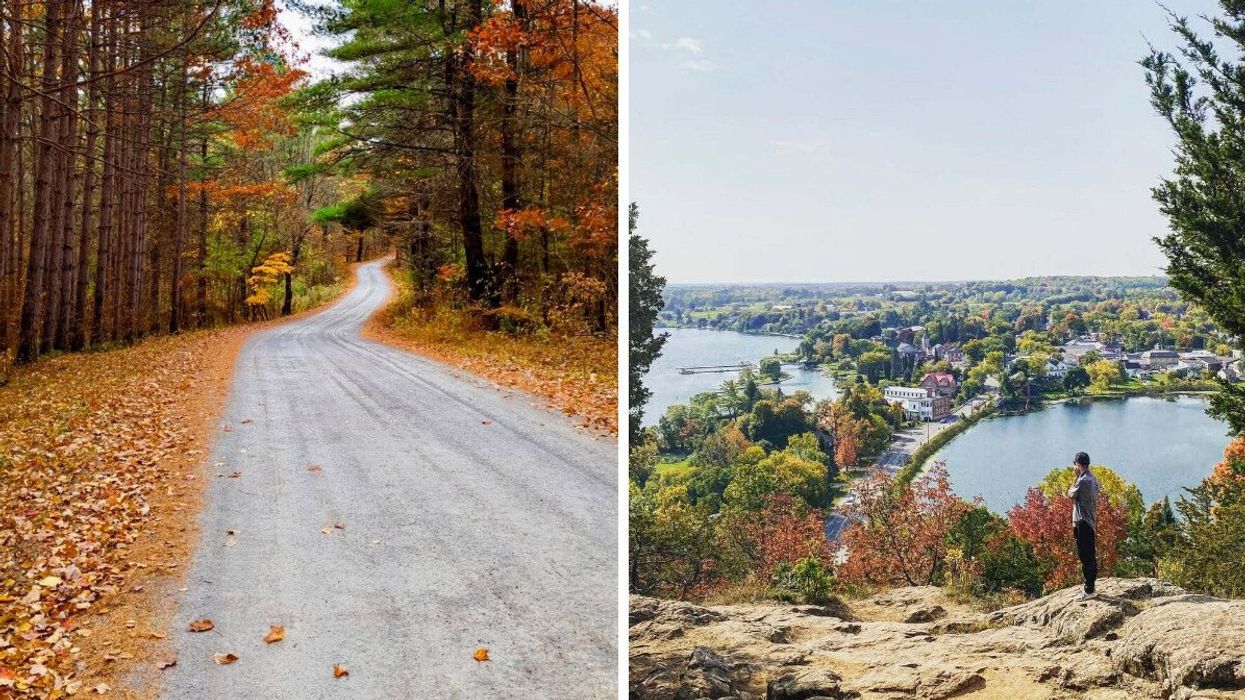 A hike through a forest filled with fall colours. Right: A lookout in Ontario.