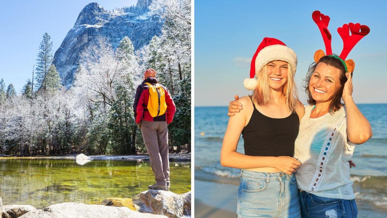 A hiker in California's Yosemite Park. Right: Two women by the beach on Christmas Day.
