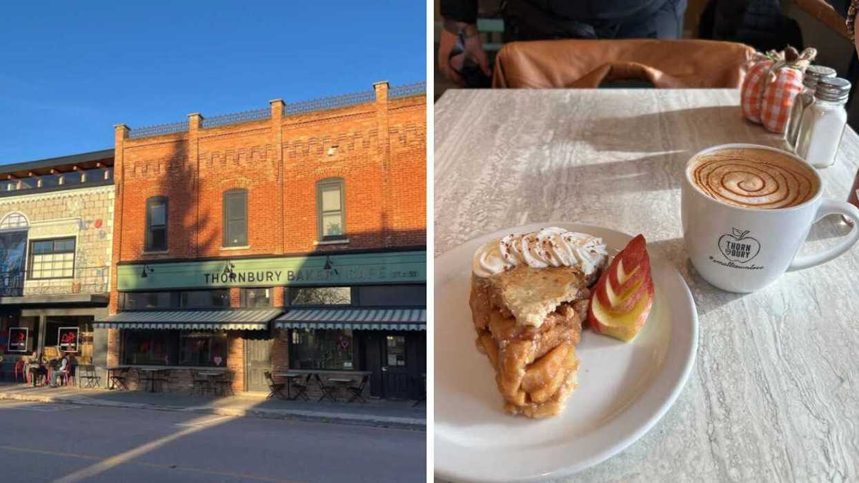A historic bakery. Right: Pie and coffee on a table.
