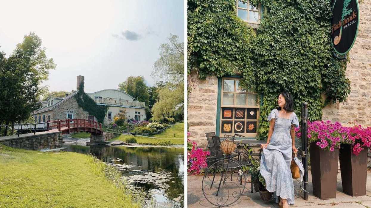 A historic bridge and building. Right: A person by an ivy-covered building.