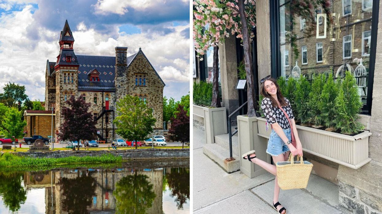 A historic building along a river. Right: A person standing outside a store.