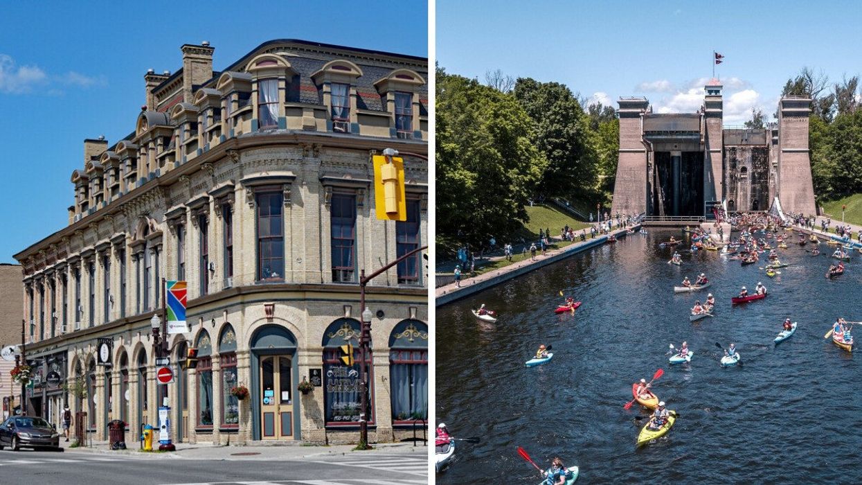 A historic building along a street. Right: People canoeing.