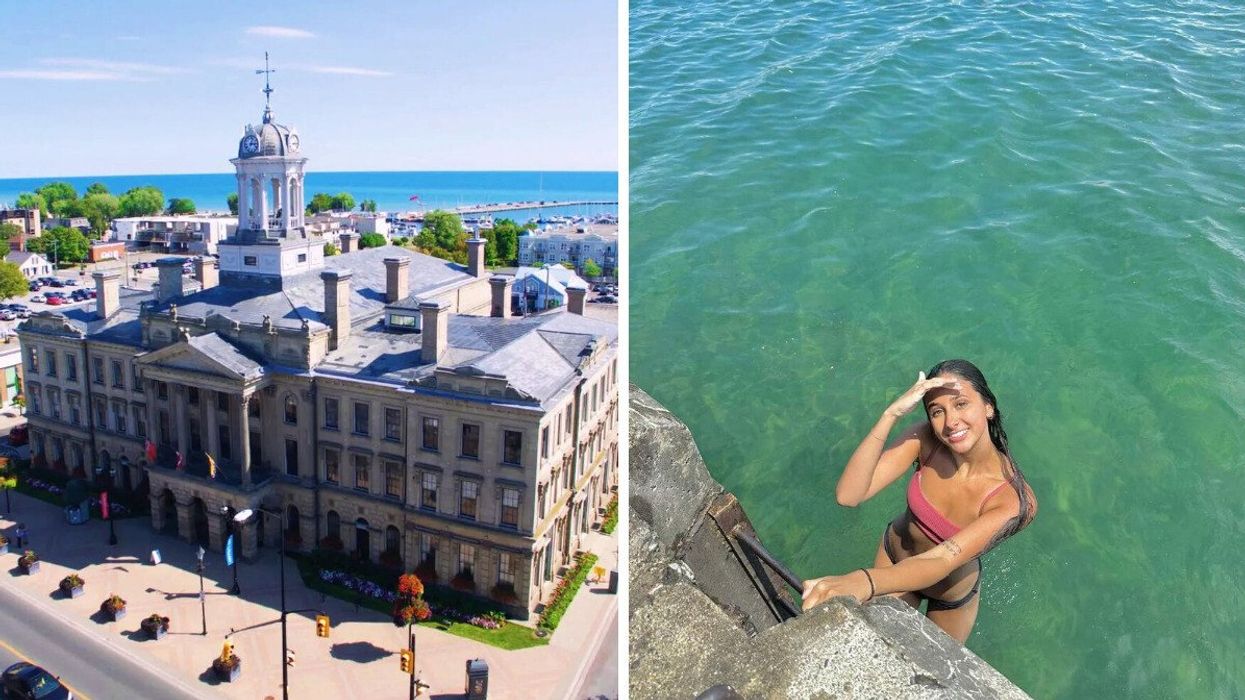 A historic building by a lake. Right: A person swimming.