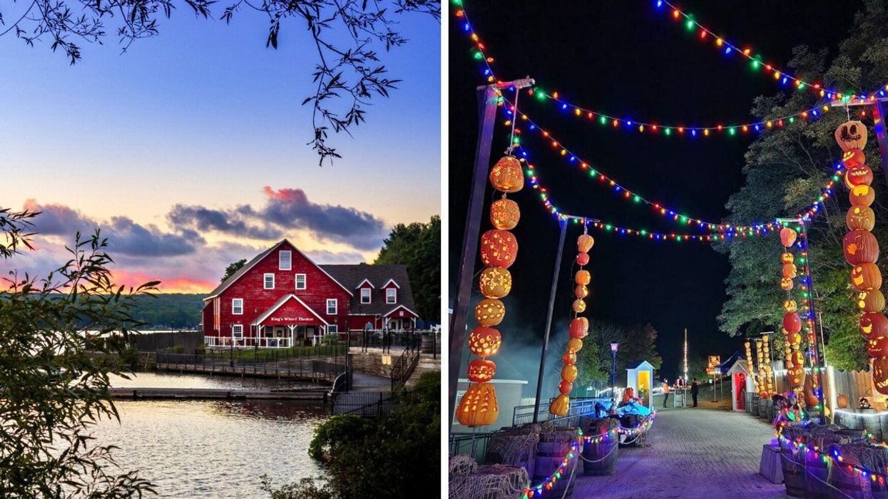 A historic building by the water. Right: Pumpkin sculptures with twinkle lights.