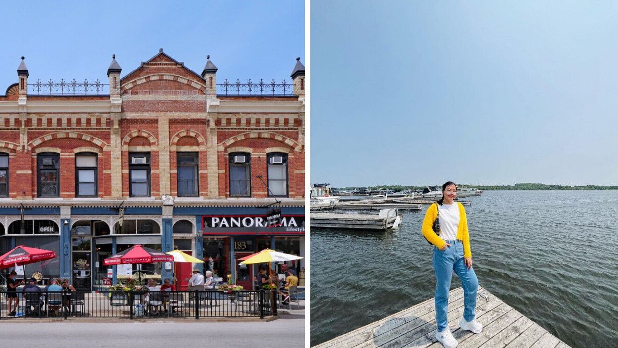 A historic building in a town. Right: A person standing by a lake.