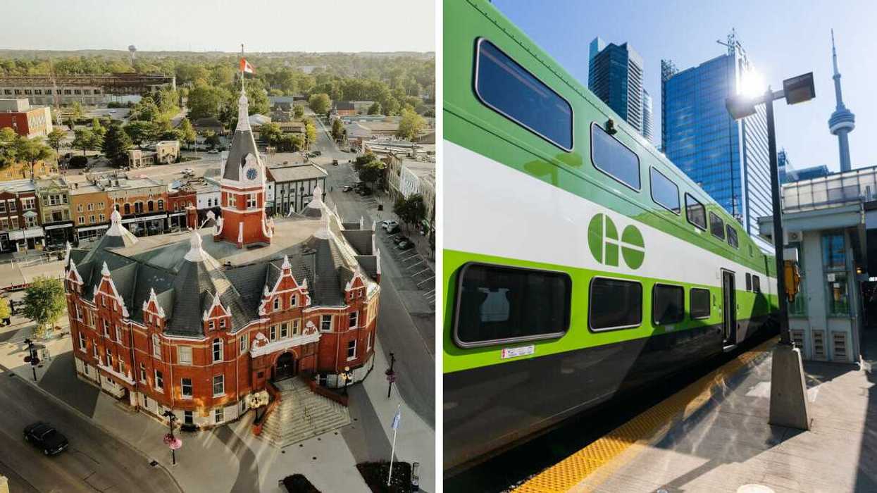 A historic building. Right: A green train.
