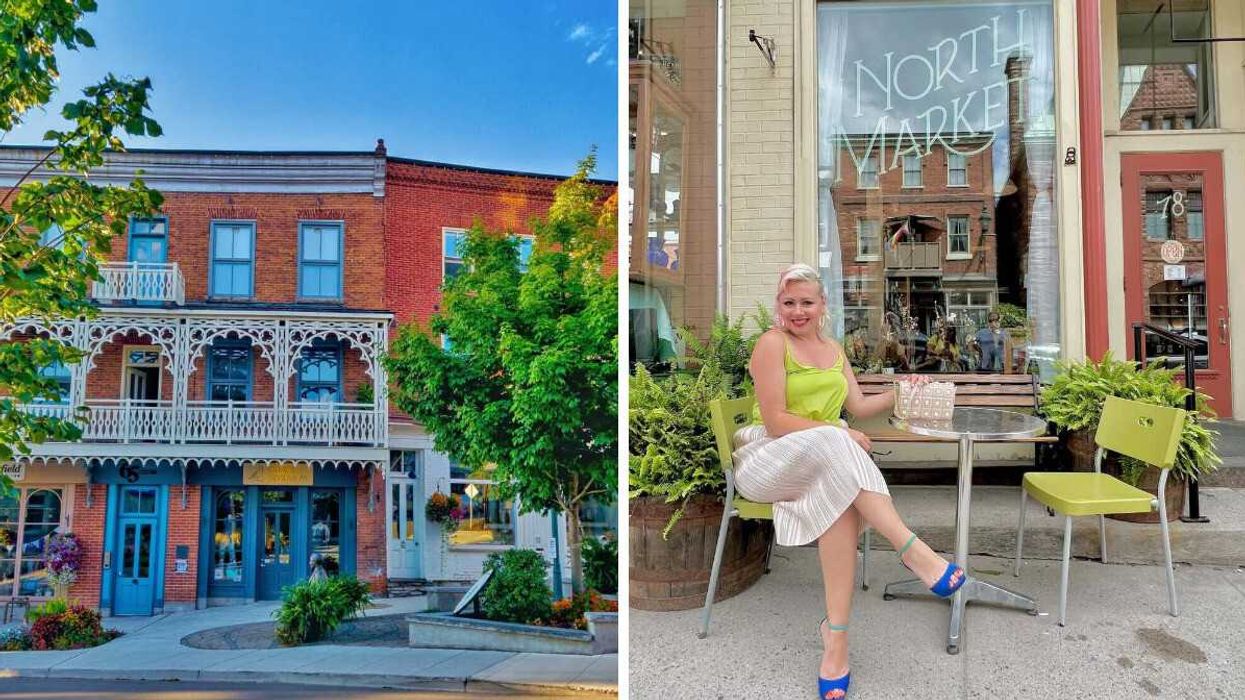 A historic building. Right: A person sitting at a cafe.