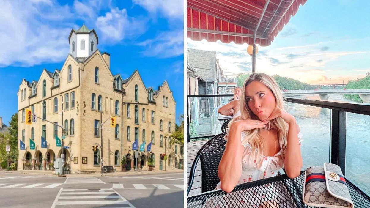 A historic building. Right: A person sitting on a patio by a river.