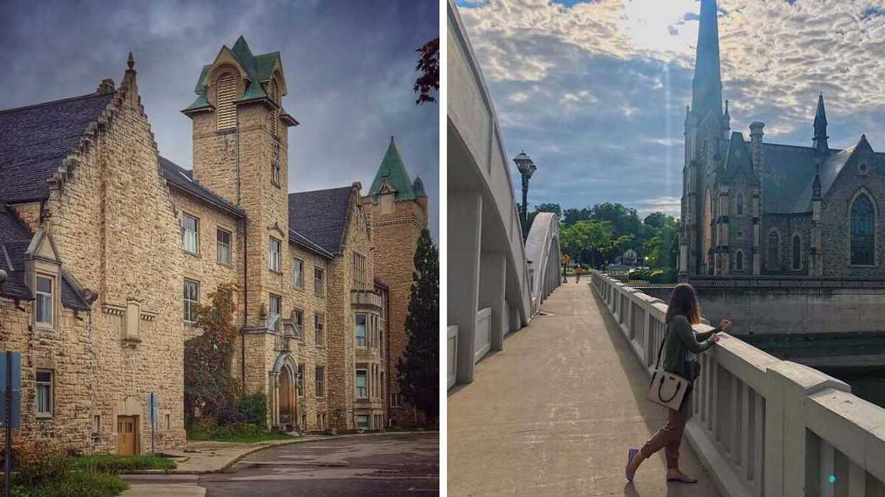 A historic building. Right: A person standing on a bridge.