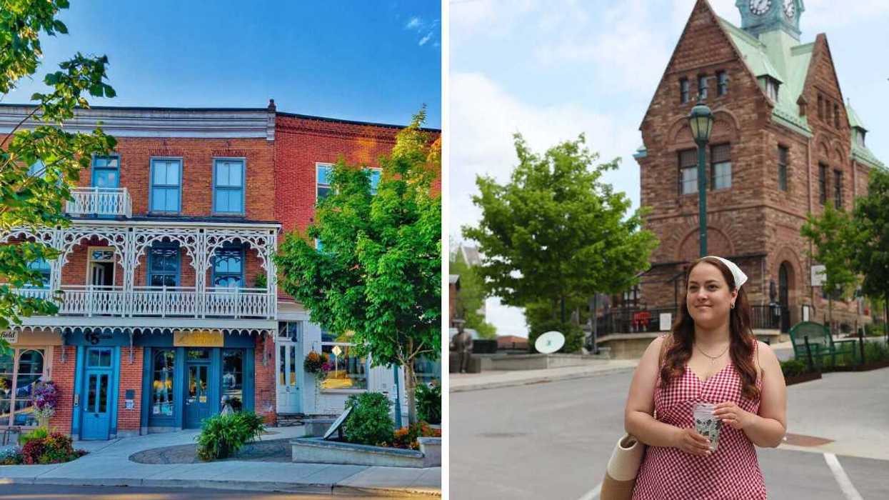 A historic building. Right: A person standing on a street.