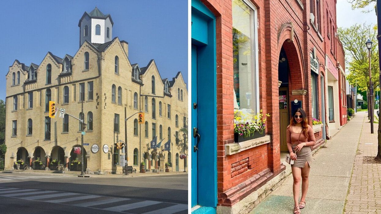 A historic building. Right: A person walking down a street.