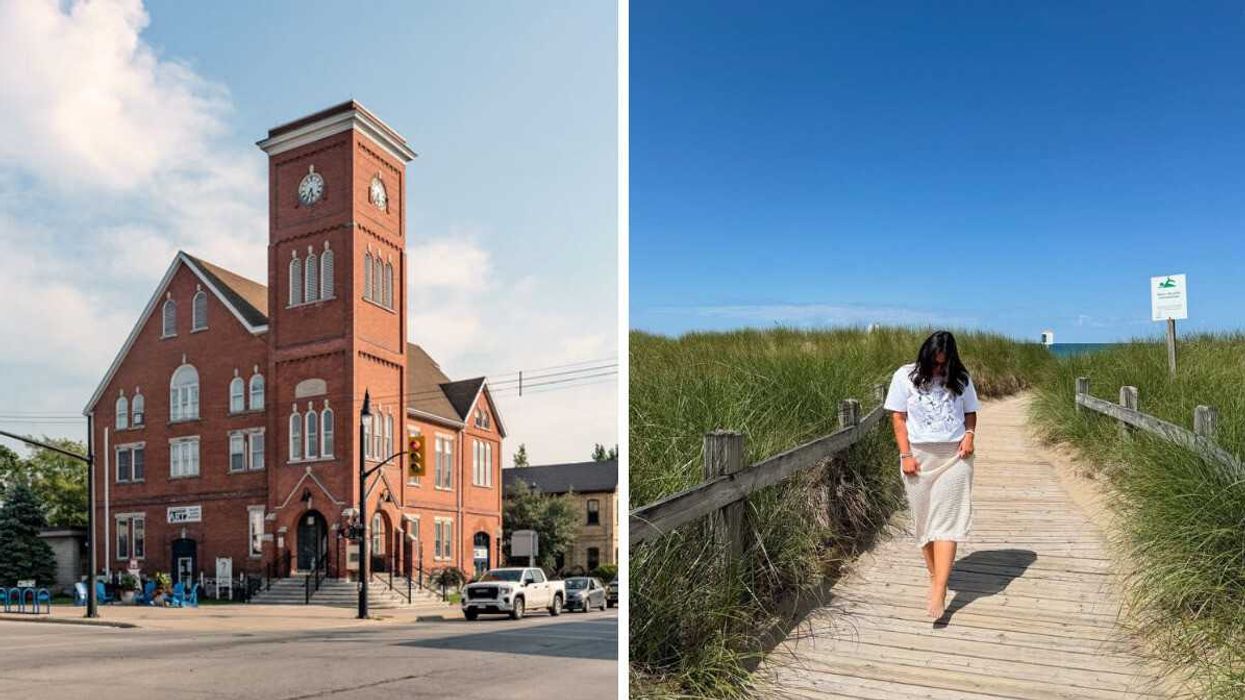 A historic building. Right: A person walking on a boardwalk.
