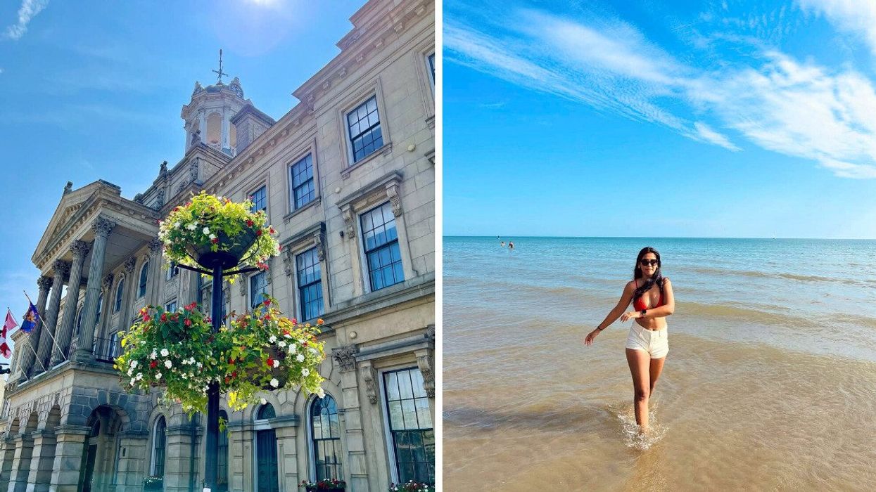 A historic building. Right: A person walking through the water.