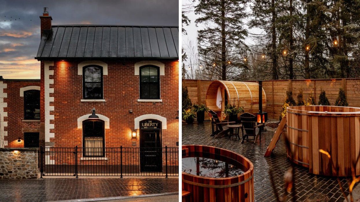 A historic building. Right: A spa surrounded by trees.