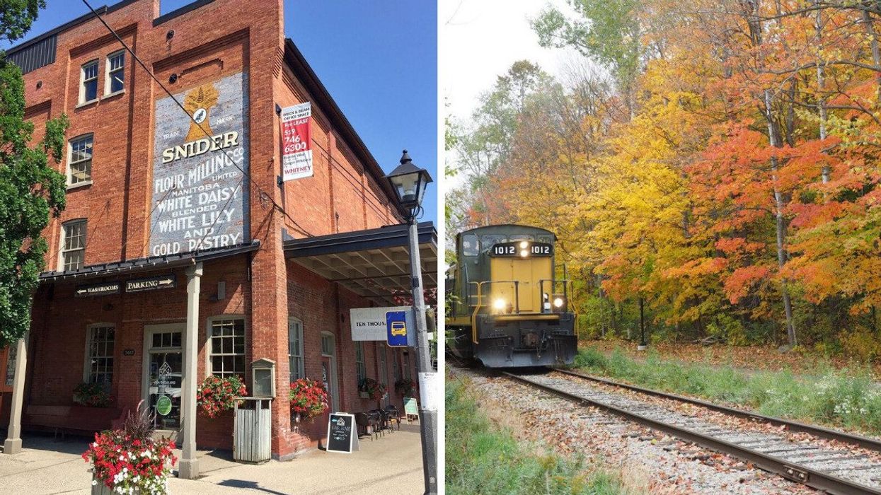A historic building. Right: A train driving through fall colours.