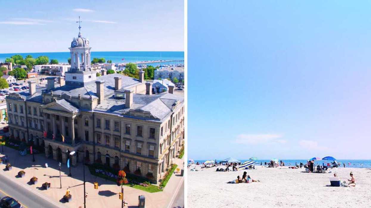 A historic building. Right: A white sand beach with umbrellas.