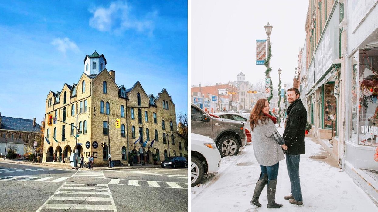 A historic building. Right: Two people walking down a street in the snow.