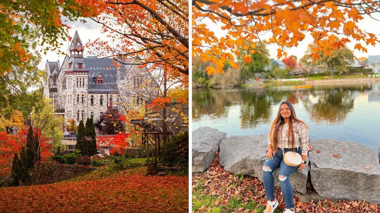 A historic building surrounded by fall colours. Right: A person sitting by a river.