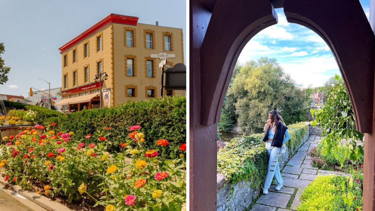 A historic building with a flower garden. Right: A person standing by a river.