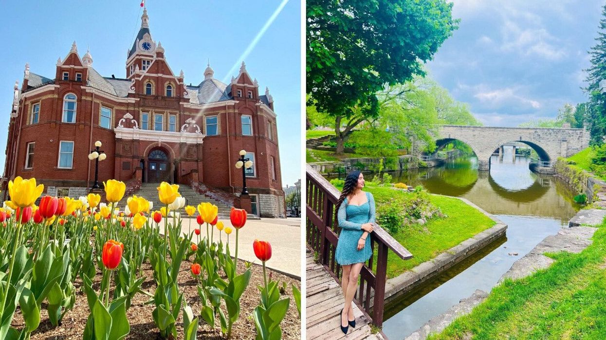 A historic building with a tulip garden. Right: A person standing by a stone bridge.