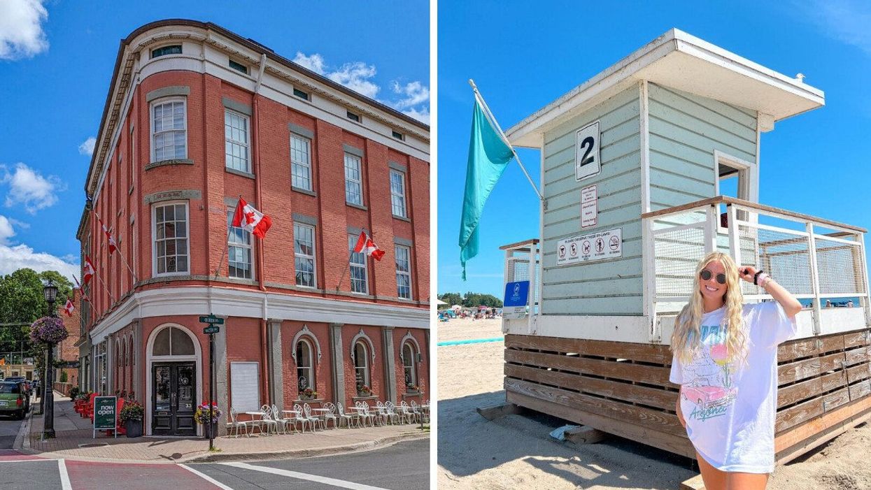 A historic building with Canadian flags. Right: A person on a beach near a lifeguard station.