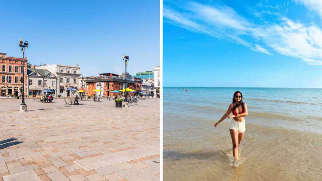 A historic city square. Right: A person on a beach.
