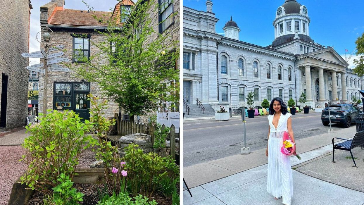 A historic court with flowers. Right: A person standing outside a historic building.