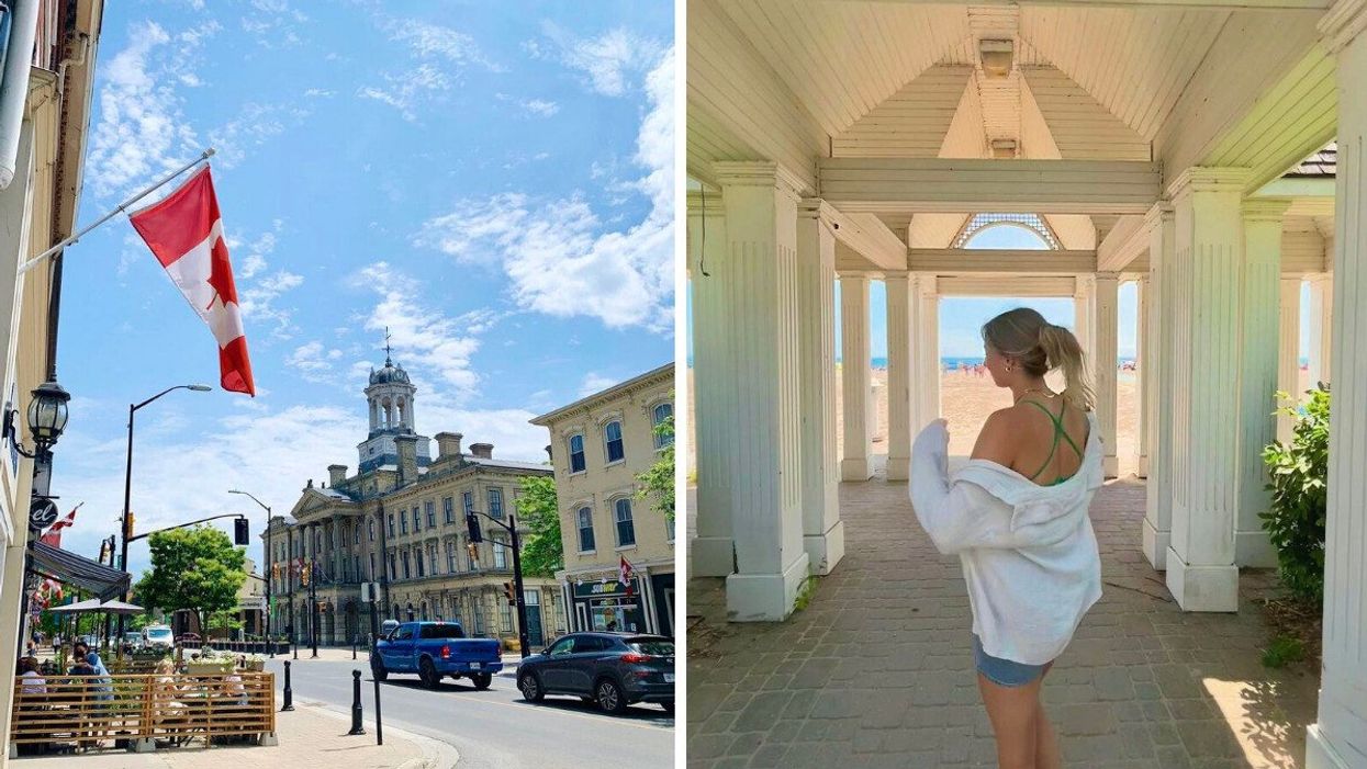 A historic downtown. Right: A person standing by a beach.