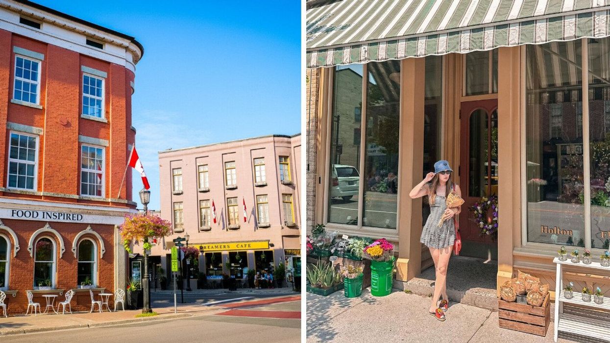 A historic downtown. Right: A person standing outside of a store.