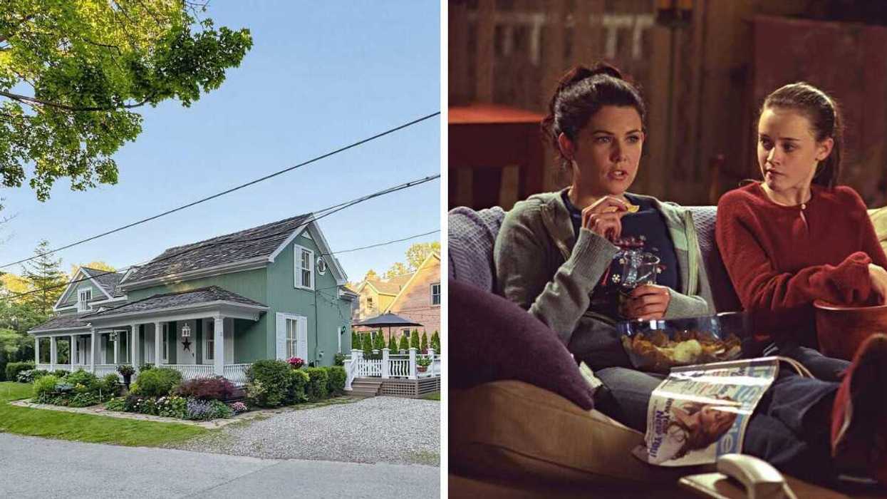 A historic home with lush gardens. Right: Two people eating snacks on a couch.